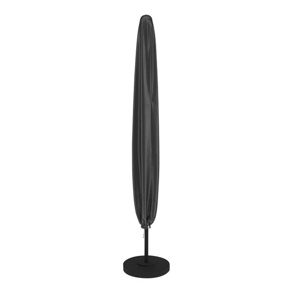 A black protective cover for a patio umbrella on a stand.