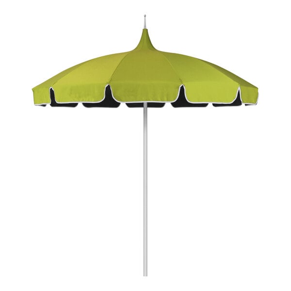 An 8.5-foot green pagoda umbrella with black trim.