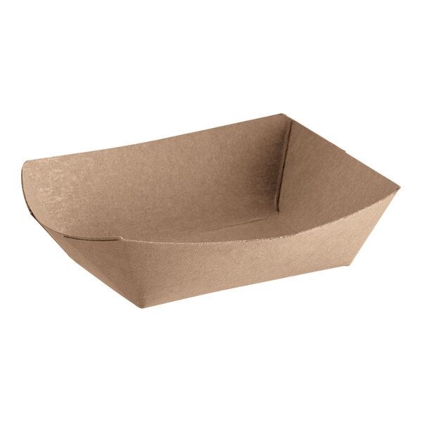 A brown paper tray on a white background.