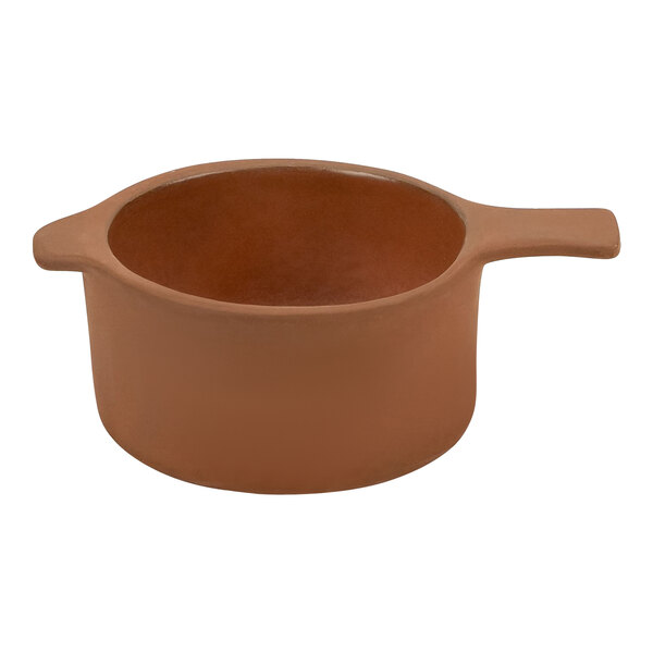 A brown terracotta Maria Portugal au gratin dish with a handle.
