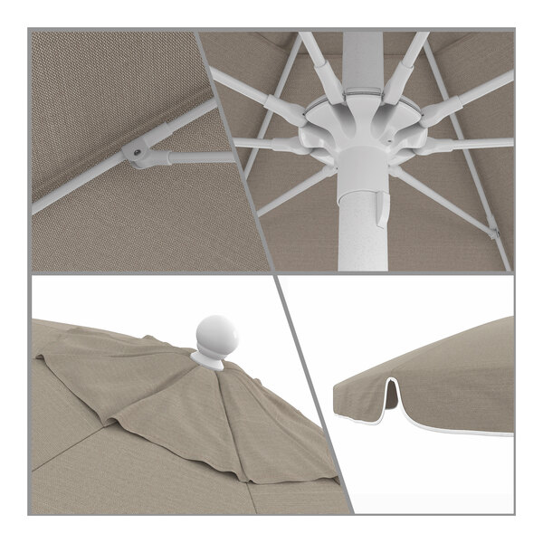 A close-up of a California Umbrella with a white aluminum pole and a beige Sunbrella canopy.