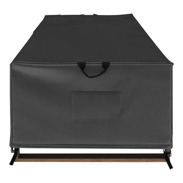 A black protective cover for a chaise lounge with a black handle.