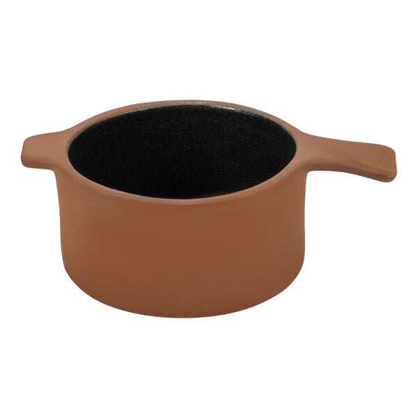 A brown pot with a black handle.