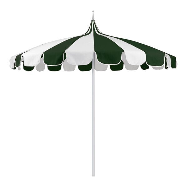 A white umbrella with a green pagoda canopy with a white pole.