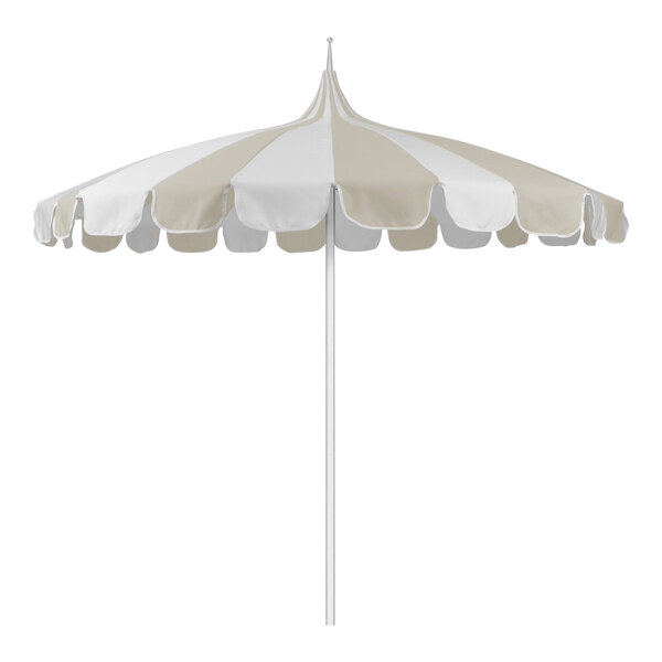 An 8.5-foot natural and beige pagoda umbrella with a white pole.