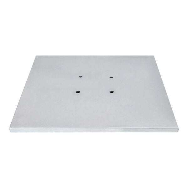 A white square galvanized steel weight plate with holes in it.