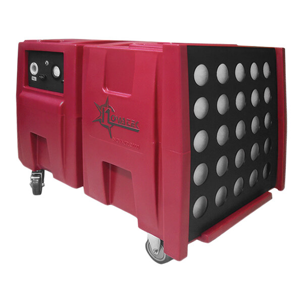 A red and black Novatek portable air scrubber with wheels.