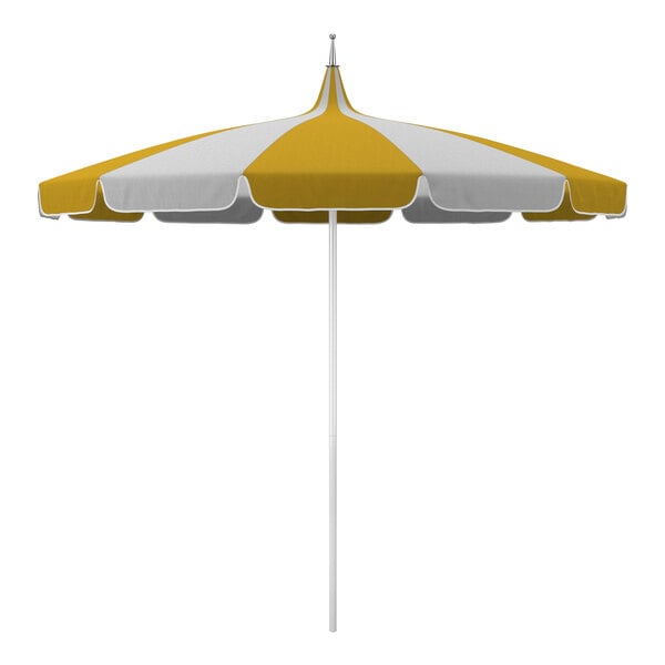 A yellow and white PAGODA umbrella with a white pole.
