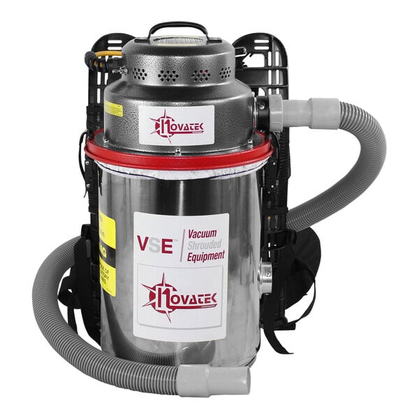 A Novatek electric HEPA backpack vacuum with hoses attached.