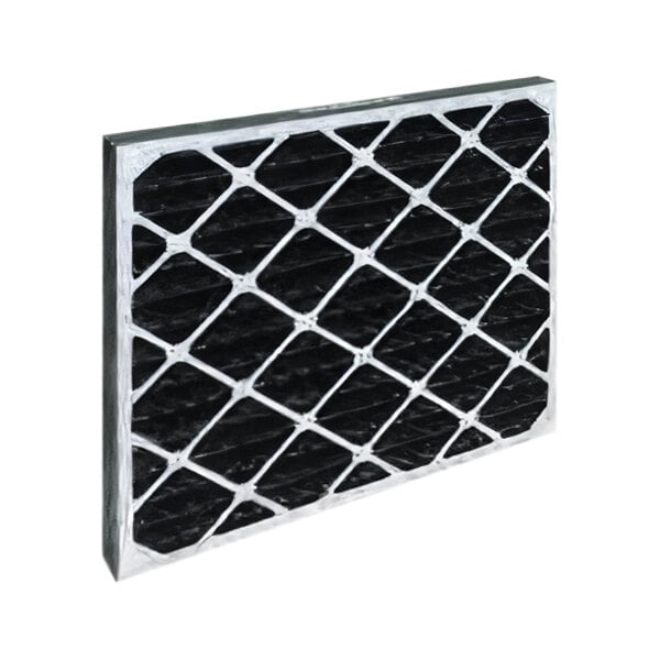 A close-up of a black and white Novatek Carbon Pleated Box Filter with a grid pattern.