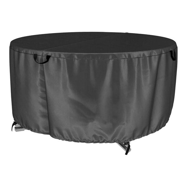 A round black table with a black cover.