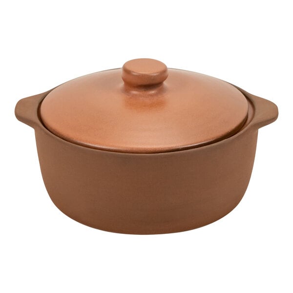 An Arcoroc Maria Portugal Terra Sienna stoneware casserole dish with lid, a brown bowl with a lid.