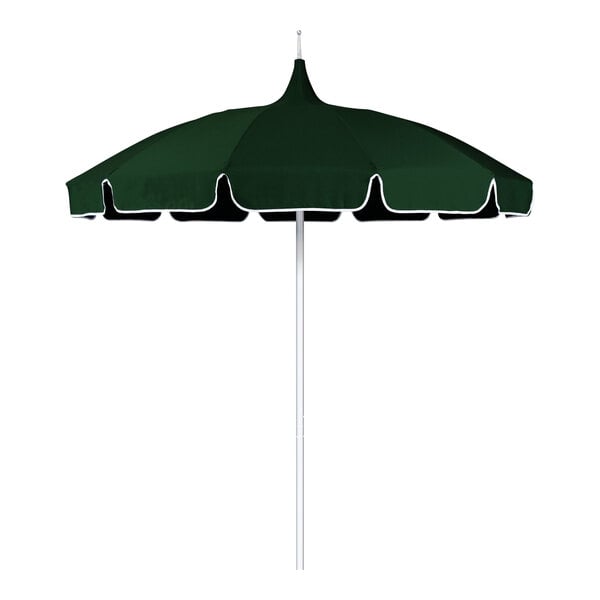 A forest green pagoda umbrella with white trim on a white pole.