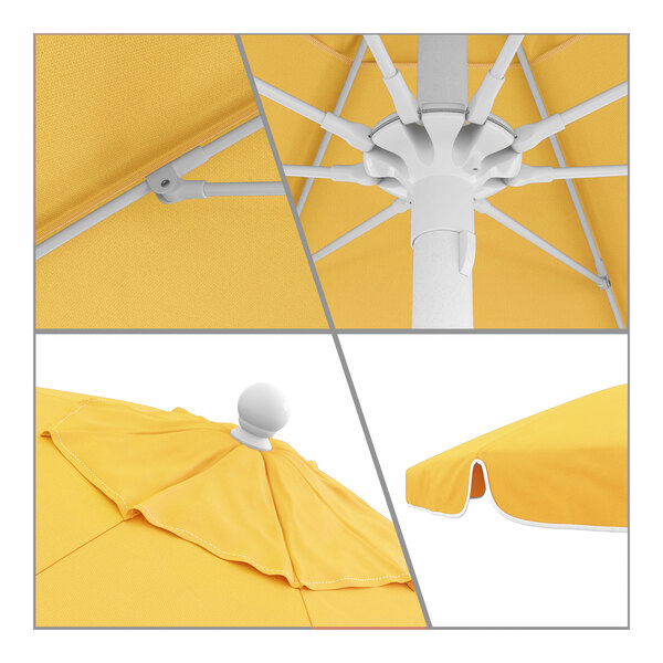 A close-up of a yellow California Umbrella with white poles and piping.