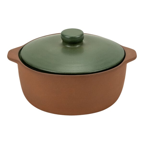 A brown and green Arcoroc Maria Portugal terracotta casserole dish with a lid.