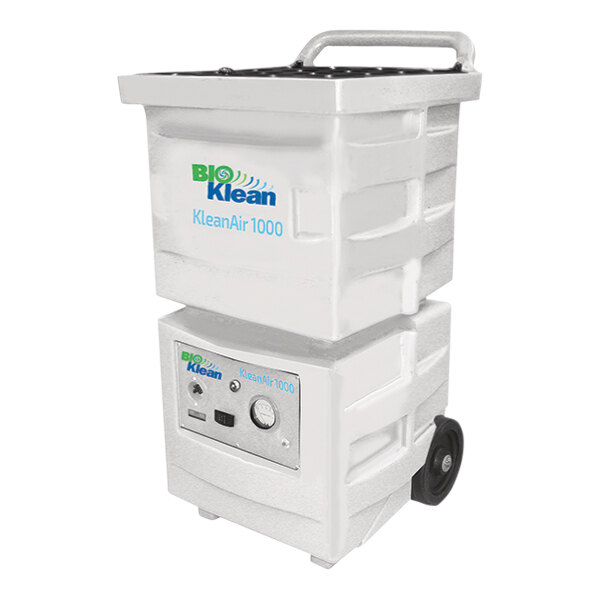 A white Novatek BioKlean portable air purifier with wheels.