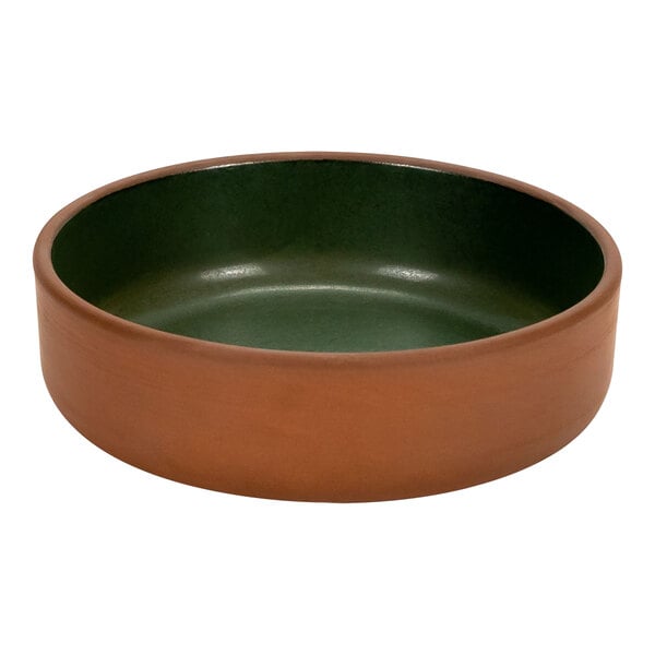 A close-up of a brown and green Arcoroc Maria Portugal Terracota Terra stoneware bowl.