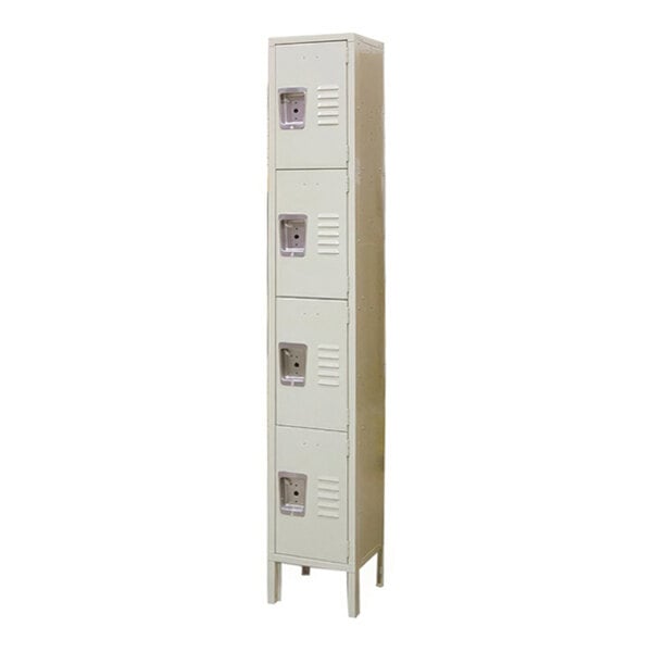 A tall, narrow beige locker unit with four vertically stacked compartments, each featuring a small vent and a recessed handle.