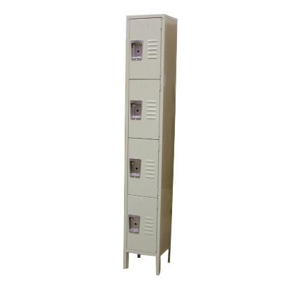 A beige metal Omcan locker with four compartments.