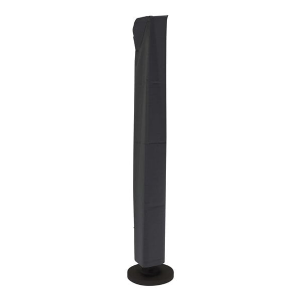 A black protective cover for a cantilever umbrella on a stand.