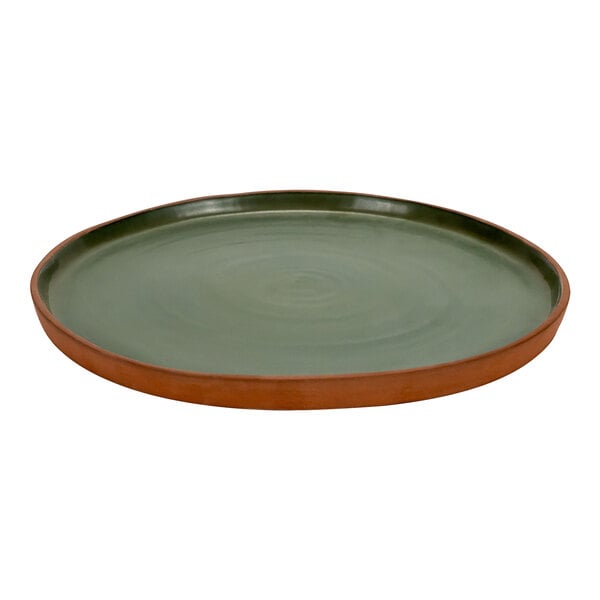 An Arcoroc Maria Portugal Terra green stoneware plate with a brown rim.