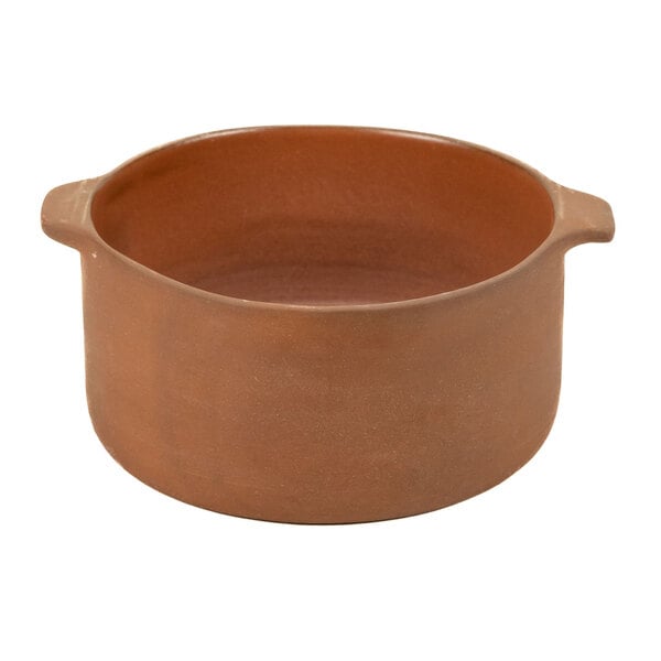 A brown bowl with handles.
