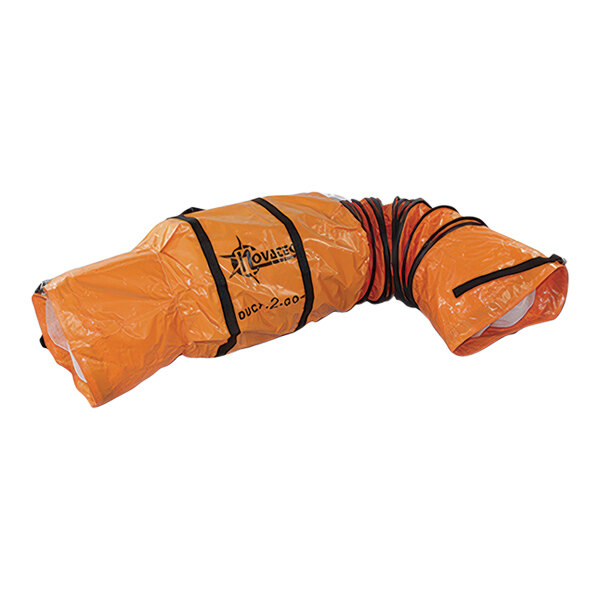 A white bag with black straps containing a safety orange and black Novatek D1050 Portable Vinyl Duct.