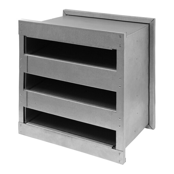 A grey metal cabinet with two grey metal boxes inside.