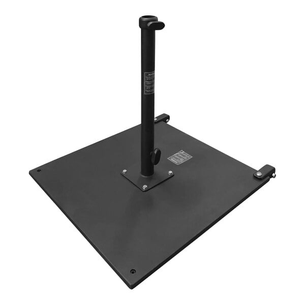 A black metal California Umbrella base with casters.