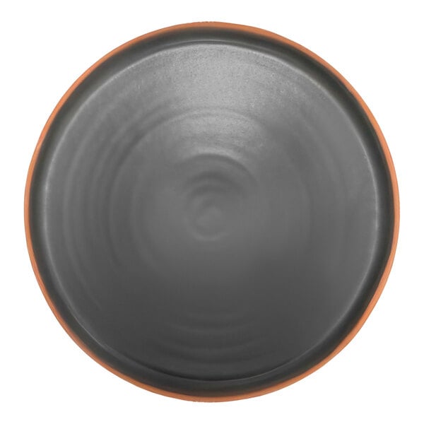 A gray Maria Portugal high rim stoneware plate with a black and orange rim.