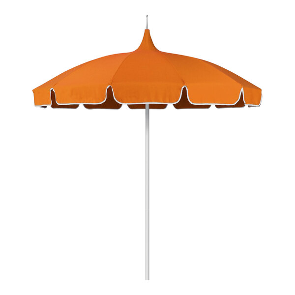 An orange Pagoda umbrella with white trim.