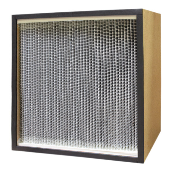 A close-up of a Novatek 24" x 24" HEPA air filter with a wood frame.