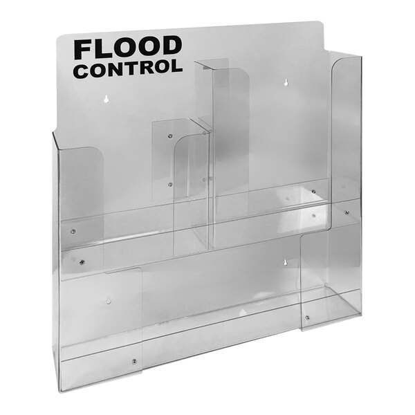 A clear plastic display case with black text that reads "Quick Dam Wall-Mount Water Control Dispenser" for flood control.