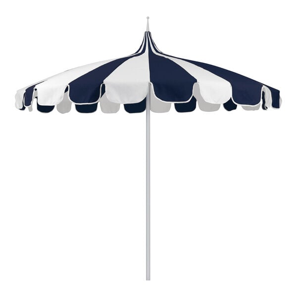 A white umbrella canopy with a blue and white striped pagoda design.