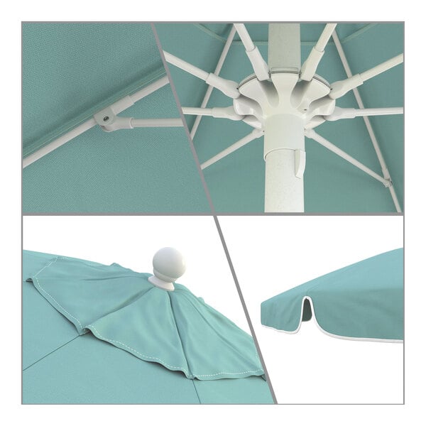 A close-up of a California Umbrella with a blue Sunbrella canopy and a white pole.