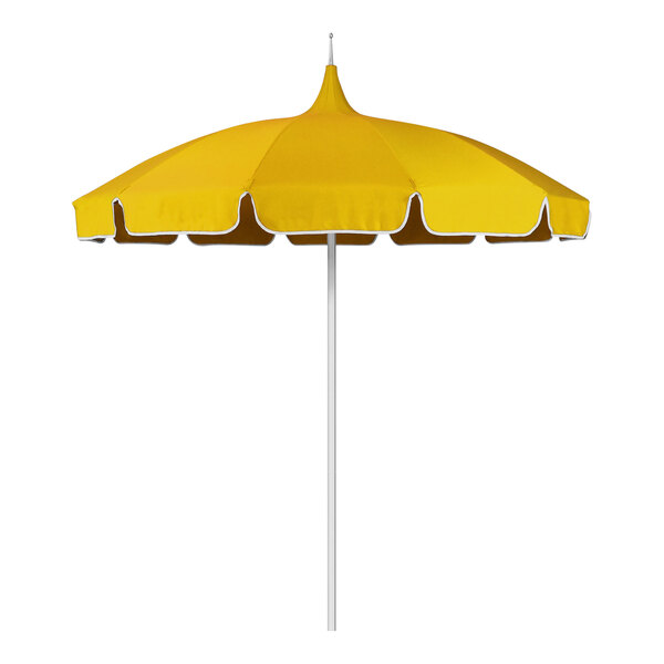 A sunflower yellow Pagoda umbrella with white trim.