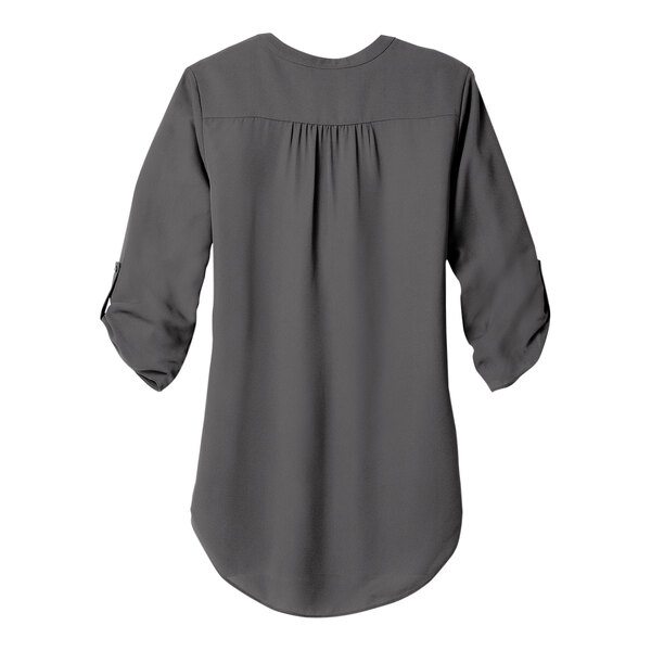 A back view of a women's short sleeve sterling grey blouse.