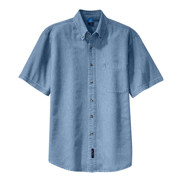 A Port & Company faded blue short sleeve denim button-down shirt with a pocket.