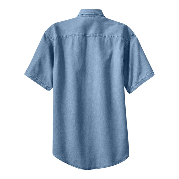 Port & Company unisex faded blue short sleeve denim button-down shirt.