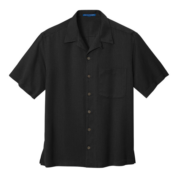 A black Port Authority camp shirt with a buttoned collar and a pocket.