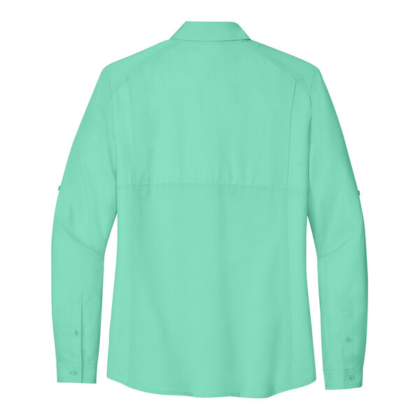 The back view of a bright seafoam green short sleeve shirt.