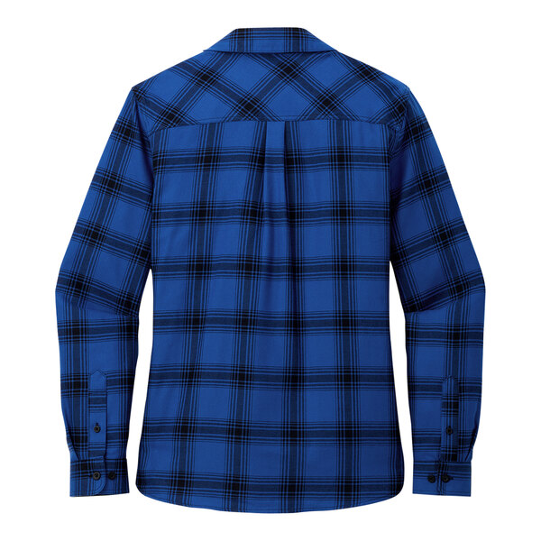 A blue and black plaid Port Authority flannel shirt.