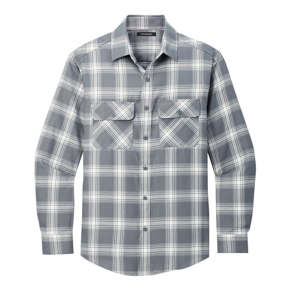A Port Authority long sleeved unisex flannel shirt in grey and white plaid.