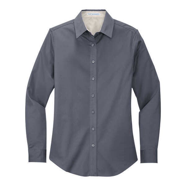 A Port Authority steel gray and light stone long sleeve poplin dress shirt for women.
