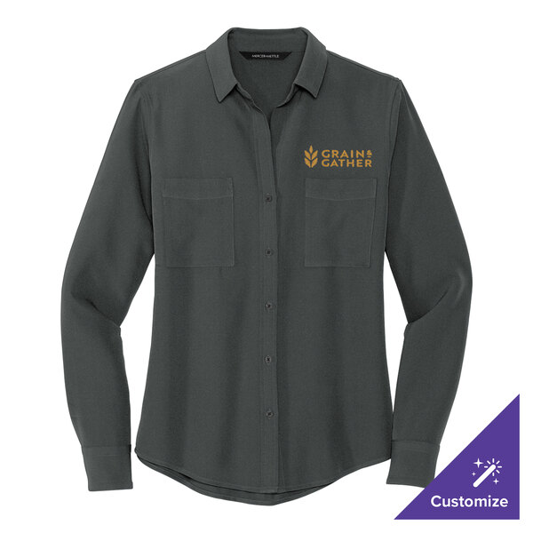 A Mercer+Mettle women's long sleeve grey camp blouse with an anchor logo on the chest.