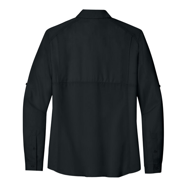 A black short sleeve shirt with a collar.