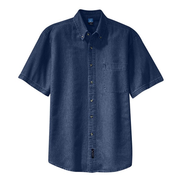 An Ink Blue Port & Company long sleeve denim button-down shirt with a pocket.