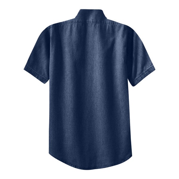 A Port & Company ink blue denim button-down shirt with a collar on a white background.