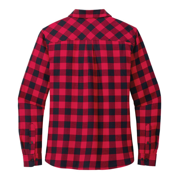 A red and black buffalo check long sleeve flannel shirt.