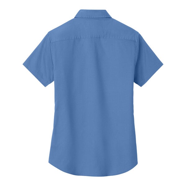 A Port Authority ultramarine blue short sleeve poplin dress shirt for women.